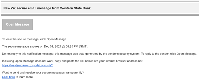 Zix secure email screenshot example
